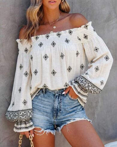 CHICME Women’s Boho Off The Shoulder Linen Blouse Long Lantern Sleeve Shirred Smocked Neck Frill Hem Vacation Clothes in Saudi Arabia