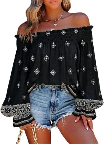 CHICME Women’s Boho Off The Shoulder Linen Blouse Long Lantern Sleeve Shirred Smocked Neck Frill Hem Vacation Clothes in Saudi Arabia
