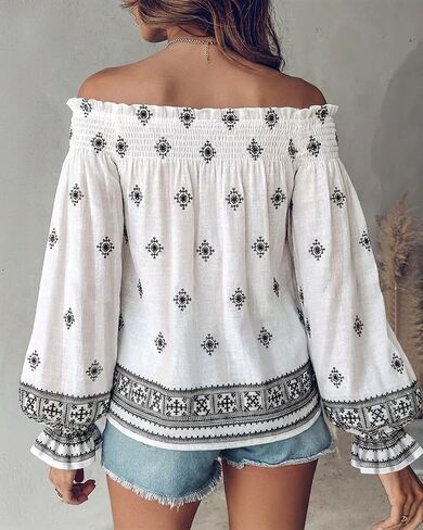 CHICME Women’s Boho Off The Shoulder Linen Blouse Long Lantern Sleeve Shirred Smocked Neck Frill Hem Vacation Clothes in Saudi Arabia
