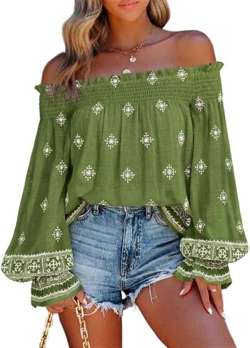 CHICME Women’s Boho Off The Shoulder Linen Blouse Long Lantern Sleeve Shirred Smocked Neck Frill Hem Vacation Clothes in Saudi Arabia