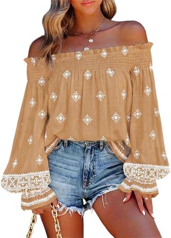 CHICME Women’s Boho Off The Shoulder Linen Blouse Long Lantern Sleeve Shirred Smocked Neck Frill Hem Vacation Clothes in Saudi Arabia