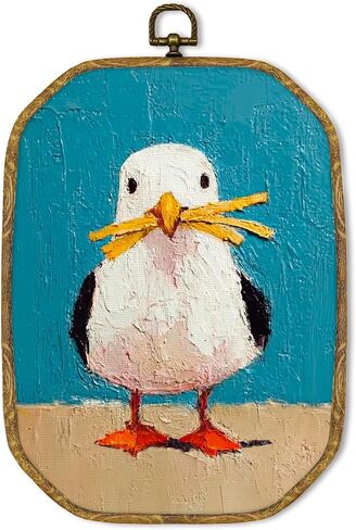 GUULIJEEMIY Funny Seagull Stealing French Fries Canvas Wall Art Decor, Coastal Farmhouse Seagulls Octagon Framed Wall Art Prints, Vintage Beach Beachy Nautical Seagull Hanging Bathroom Decor, 10.2x7In in Kuwait
