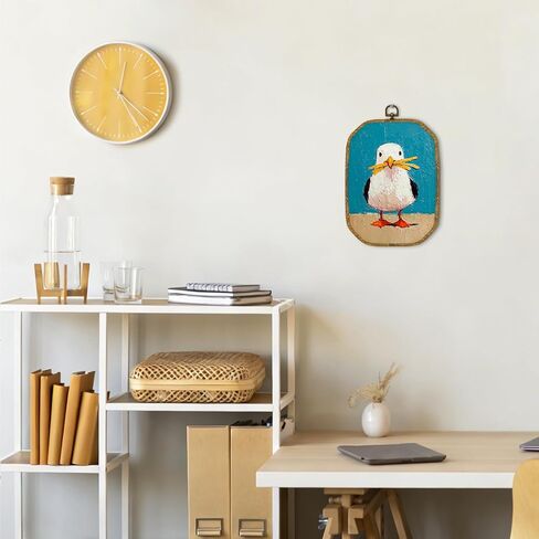 GUULIJEEMIY Funny Seagull Stealing French Fries Canvas Wall Art Decor, Coastal Farmhouse Seagulls Octagon Framed Wall Art Prints, Vintage Beach Beachy Nautical Seagull Hanging Bathroom Decor, 10.2x7In in Kuwait