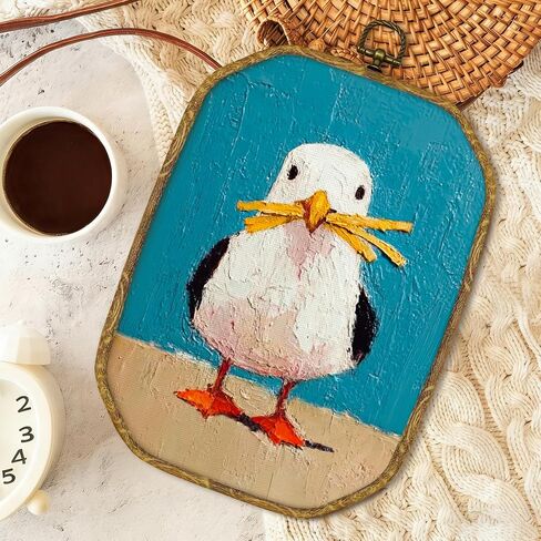 GUULIJEEMIY Funny Seagull Stealing French Fries Canvas Wall Art Decor, Coastal Farmhouse Seagulls Octagon Framed Wall Art Prints, Vintage Beach Beachy Nautical Seagull Hanging Bathroom Decor, 10.2x7In in Kuwait