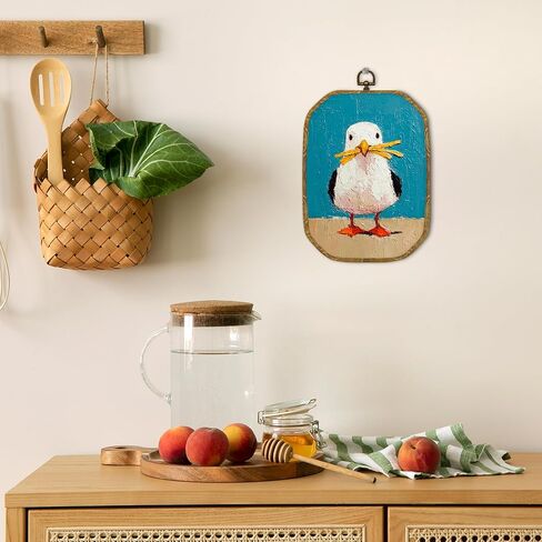 GUULIJEEMIY Funny Seagull Stealing French Fries Canvas Wall Art Decor, Coastal Farmhouse Seagulls Octagon Framed Wall Art Prints, Vintage Beach Beachy Nautical Seagull Hanging Bathroom Decor, 10.2x7In in Kuwait