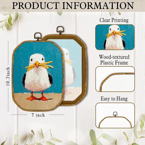 GUULIJEEMIY Funny Seagull Stealing French Fries Canvas Wall Art Decor, Coastal Farmhouse Seagulls Octagon Framed Wall Art Prints, Vintage Beach Beachy Nautical Seagull Hanging Bathroom Decor, 10.2x7In in Kuwait