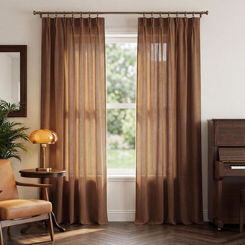 NICETOWN Pinch Pleated Linen Gold Brown Curtains 96 inches Long, Flax Linen Blend Semi Sheer Privacy with Light Filtering Window Treatments Causal Drapes for Bedroom, W40 x L96, 2 Panels in Kuwait