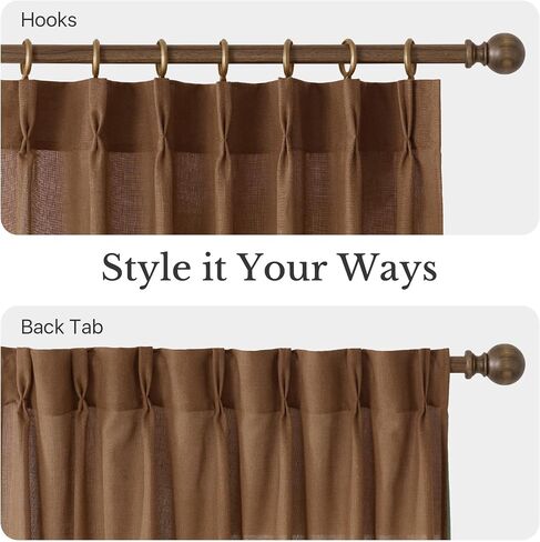 NICETOWN Pinch Pleated Linen Gold Brown Curtains 96 inches Long, Flax Linen Blend Semi Sheer Privacy with Light Filtering Window Treatments Causal Drapes for Bedroom, W40 x L96, 2 Panels in Kuwait
