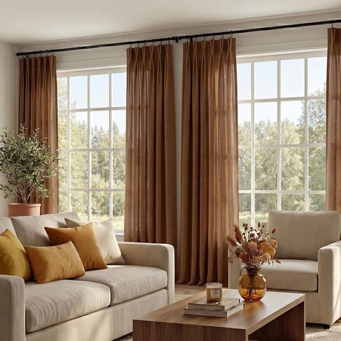 NICETOWN Pinch Pleated Linen Gold Brown Curtains 96 inches Long, Flax Linen Blend Semi Sheer Privacy with Light Filtering Window Treatments Causal Drapes for Bedroom, W40 x L96, 2 Panels in Kuwait