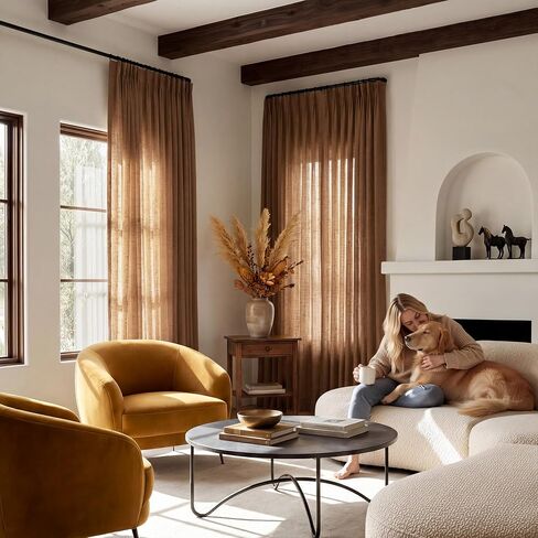 NICETOWN Pinch Pleated Linen Gold Brown Curtains 96 inches Long, Flax Linen Blend Semi Sheer Privacy with Light Filtering Window Treatments Causal Drapes for Bedroom, W40 x L96, 2 Panels in Kuwait