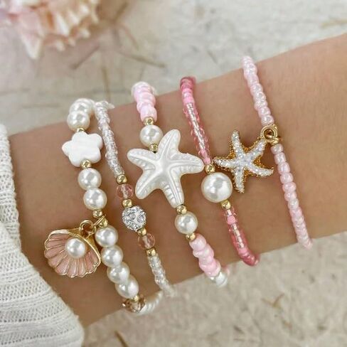 Spring Summer Beach 5-Piece Bracelet Set, Shell Starfish Seed Bead Faux Pearl Stackable Hand Jewelry for Women in Kuwait