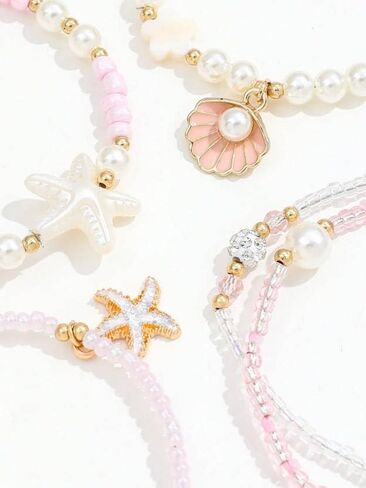 Spring Summer Beach 5-Piece Bracelet Set, Shell Starfish Seed Bead Faux Pearl Stackable Hand Jewelry for Women in Kuwait