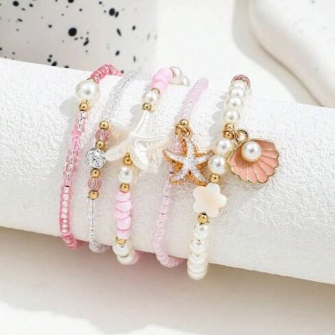 Spring Summer Beach 5-Piece Bracelet Set, Shell Starfish Seed Bead Faux Pearl Stackable Hand Jewelry for Women in Kuwait