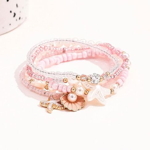 Spring Summer Beach 5-Piece Bracelet Set, Shell Starfish Seed Bead Faux Pearl Stackable Hand Jewelry for Women in Kuwait