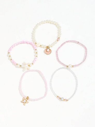 Spring Summer Beach 5-Piece Bracelet Set, Shell Starfish Seed Bead Faux Pearl Stackable Hand Jewelry for Women in Kuwait