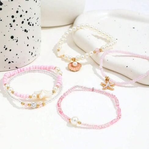 Spring Summer Beach 5-Piece Bracelet Set, Shell Starfish Seed Bead Faux Pearl Stackable Hand Jewelry for Women in Kuwait