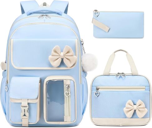 GeeWin Girls Backpack for School with Lunch Box & Pencil Case Set, 17 Inch Waterproof Cute Bow Girls Bookbag for Kids, Teens, Elementary Middle High College School Student (Blue/Beige) in Saudi Arabia