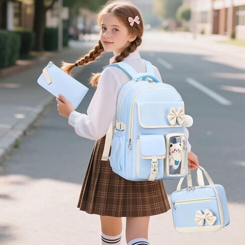 GeeWin Girls Backpack for School with Lunch Box & Pencil Case Set, 17 Inch Waterproof Cute Bow Girls Bookbag for Kids, Teens, Elementary Middle High College School Student (Blue/Beige) in Saudi Arabia