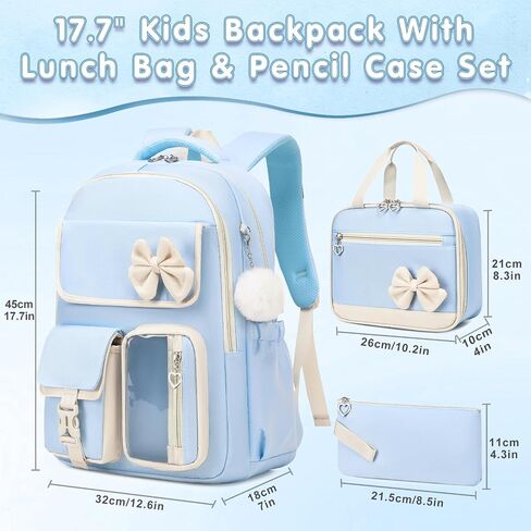 GeeWin Girls Backpack for School with Lunch Box & Pencil Case Set, 17 Inch Waterproof Cute Bow Girls Bookbag for Kids, Teens, Elementary Middle High College School Student (Blue/Beige) in Saudi Arabia
