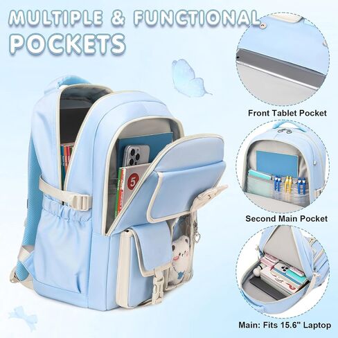 GeeWin Girls Backpack for School with Lunch Box & Pencil Case Set, 17 Inch Waterproof Cute Bow Girls Bookbag for Kids, Teens, Elementary Middle High College School Student (Blue/Beige) in Saudi Arabia