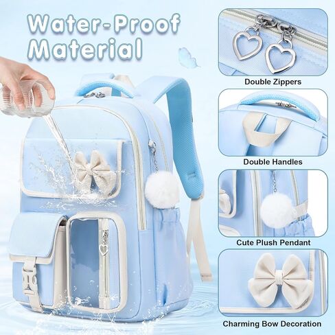 GeeWin Girls Backpack for School with Lunch Box & Pencil Case Set, 17 Inch Waterproof Cute Bow Girls Bookbag for Kids, Teens, Elementary Middle High College School Student (Blue/Beige) in Saudi Arabia