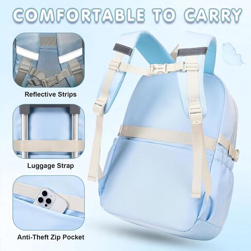 GeeWin Girls Backpack for School with Lunch Box & Pencil Case Set, 17 Inch Waterproof Cute Bow Girls Bookbag for Kids, Teens, Elementary Middle High College School Student (Blue/Beige) in Saudi Arabia