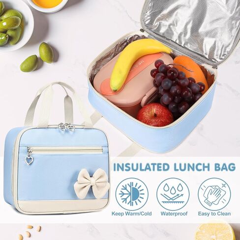 GeeWin Girls Backpack for School with Lunch Box & Pencil Case Set, 17 Inch Waterproof Cute Bow Girls Bookbag for Kids, Teens, Elementary Middle High College School Student (Blue/Beige) in Saudi Arabia
