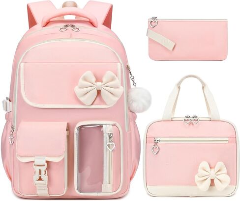 GeeWin Girls Backpack for School with Lunch Box & Pencil Case Set, 17 Inch Waterproof Cute Bow Girls Bookbag for Kids, Teens, Elementary Middle High College School Student (Blue/Beige) in Saudi Arabia