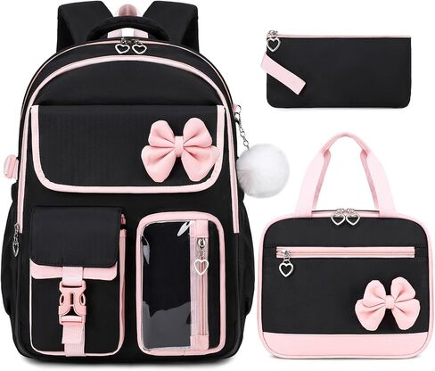 GeeWin Girls Backpack for School with Lunch Box & Pencil Case Set, 17 Inch Waterproof Cute Bow Girls Bookbag for Kids, Teens, Elementary Middle High College School Student (Blue/Beige) in Saudi Arabia