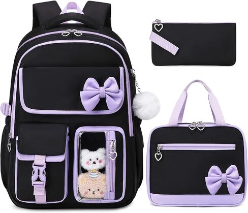 GeeWin Girls Backpack for School with Lunch Box & Pencil Case Set, 17 Inch Waterproof Cute Bow Girls Bookbag for Kids, Teens, Elementary Middle High College School Student (Blue/Beige) in Saudi Arabia