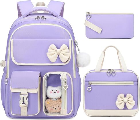 GeeWin Girls Backpack for School with Lunch Box & Pencil Case Set, 17 Inch Waterproof Cute Bow Girls Bookbag for Kids, Teens, Elementary Middle High College School Student (Blue/Beige) in Saudi Arabia