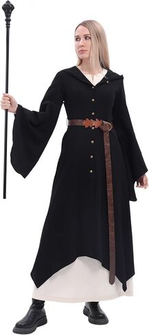 Medieval Hooded Cloak Robe with Leaf Belt Renaissance Faires Retro Cape Wizard Halloween LARP Costume in Saudi Arabia