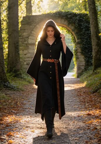 Medieval Hooded Cloak Robe with Leaf Belt Renaissance Faires Retro Cape Wizard Halloween LARP Costume in Saudi Arabia