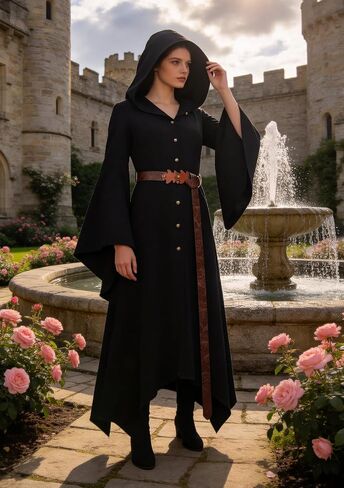 Medieval Hooded Cloak Robe with Leaf Belt Renaissance Faires Retro Cape Wizard Halloween LARP Costume in Saudi Arabia