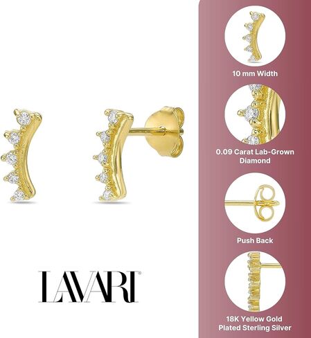 Lavari Jewelers 1/10 Carat Round Lab Grown Diamond Crawler Earrings for Women I 18k Yellow Gold Plated 925 Sterling Silver Ear Climber for Her I Hypoallergenic Push Back Studs in Kuwait