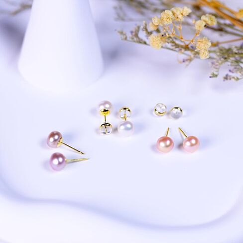 Pearl earrings for Women,8MM S925 Silver Real Pearl Studs Pink Earrings 14K Gold Plated hypoallergenic Earring for Wonmen (8F) in Saudi Arabia