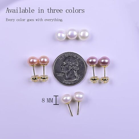 Pearl earrings for Women,8MM S925 Silver Real Pearl Studs Pink Earrings 14K Gold Plated hypoallergenic Earring for Wonmen (8F) in Saudi Arabia