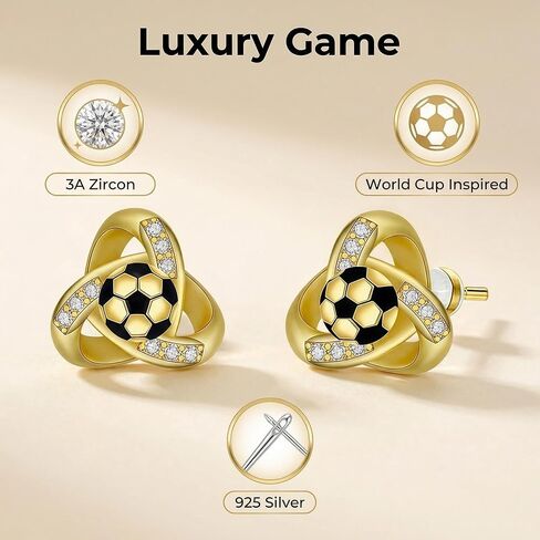 Gold Soccer Ball Stud Earrings for Women, 925 Sterling Silver Post Cubic Zirconia Sports Jewelry, World Cup Game Day Fan Accessories Gift in Saudi Arabia