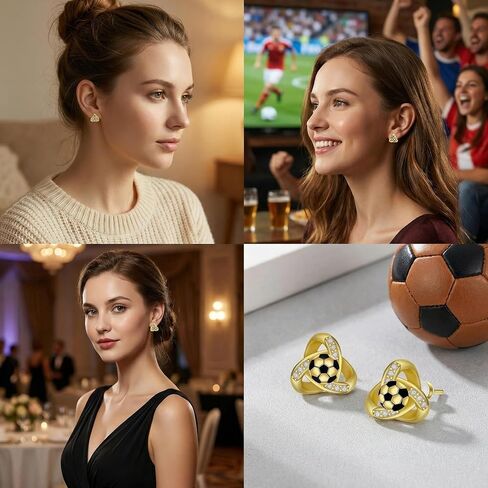 Gold Soccer Ball Stud Earrings for Women, 925 Sterling Silver Post Cubic Zirconia Sports Jewelry, World Cup Game Day Fan Accessories Gift in Saudi Arabia