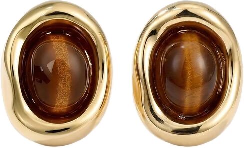 Gold Plated Tiger Eye Stud Earrings for Women, Vintage Brown Oval Gemstone Earrings with Irregular Circular Bezel Frame, Tiger's Eye Stone Jewelry in Saudi Arabia