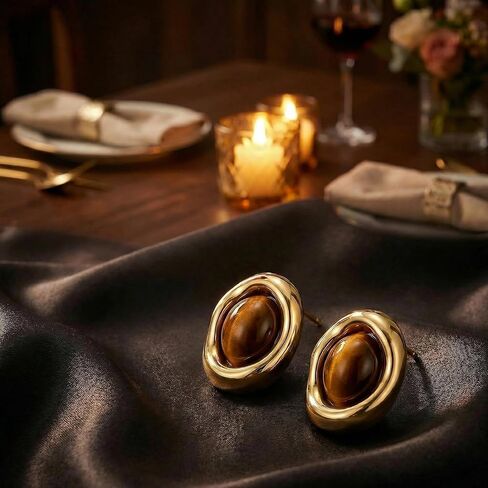 Gold Plated Tiger Eye Stud Earrings for Women, Vintage Brown Oval Gemstone Earrings with Irregular Circular Bezel Frame, Tiger's Eye Stone Jewelry in Saudi Arabia