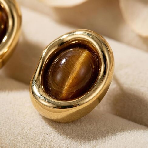 Gold Plated Tiger Eye Stud Earrings for Women, Vintage Brown Oval Gemstone Earrings with Irregular Circular Bezel Frame, Tiger's Eye Stone Jewelry in Saudi Arabia