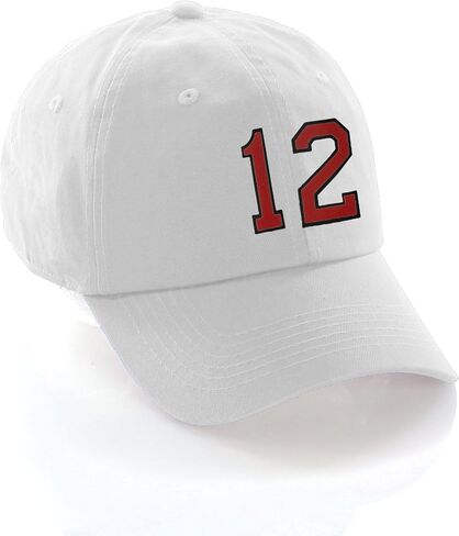 I&W Hatgear Customized Number Hat 00 to 99 Team Colors Baseball Cap, White Hat Black Red in Saudi Arabia