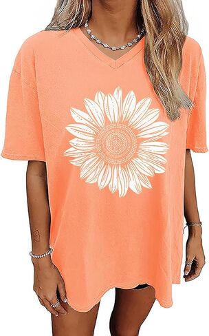 Qbily Women's V-Neck Oversized T-Shirt Summer Casual Cute Short Sleeve Looce Fit Basic Graphic Tees Tops in Saudi Arabia