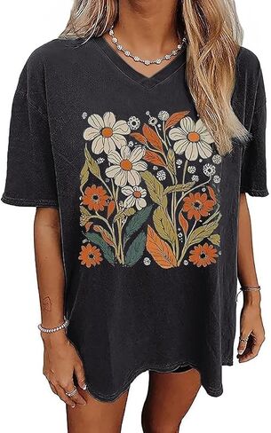 Qbily Women's V-Neck Oversized T-Shirt Summer Casual Cute Short Sleeve Looce Fit Basic Graphic Tees Tops in Saudi Arabia