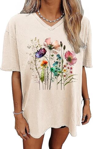 Qbily Women's V-Neck Oversized T-Shirt Summer Casual Cute Short Sleeve Looce Fit Basic Graphic Tees Tops in Saudi Arabia