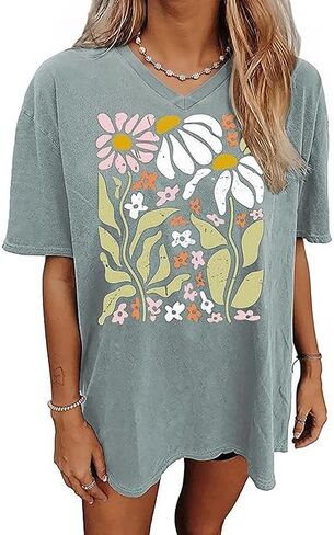 Qbily Women's V-Neck Oversized T-Shirt Summer Casual Cute Short Sleeve Looce Fit Basic Graphic Tees Tops in Saudi Arabia