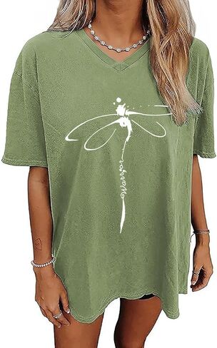 Qbily Women's V-Neck Oversized T-Shirt Summer Casual Cute Short Sleeve Looce Fit Basic Graphic Tees Tops in Saudi Arabia