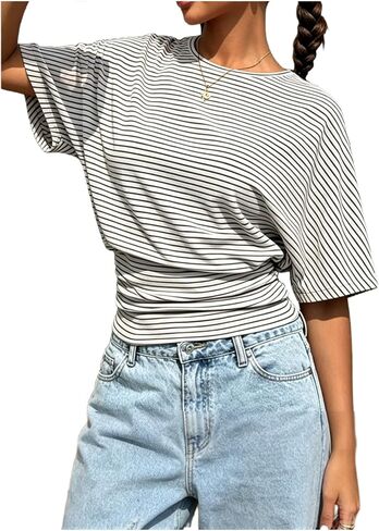 Milumia Women's Cinched Waist T Shirts Striped Dolman Sleeve Ruched Going Out Bat Wing Tops in Kuwait