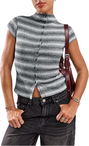 SOLY HUX Women's Striped Shirt Button Down T-Shirts Mock Neck Cap Sleeve Fitted Going Out Tops in Kuwait